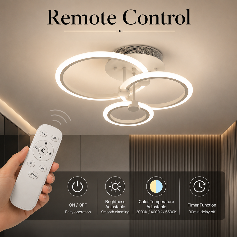 Lustră LED cu 3 inele, dimabilă, cu telecomandă Wi-Fi, 74 W