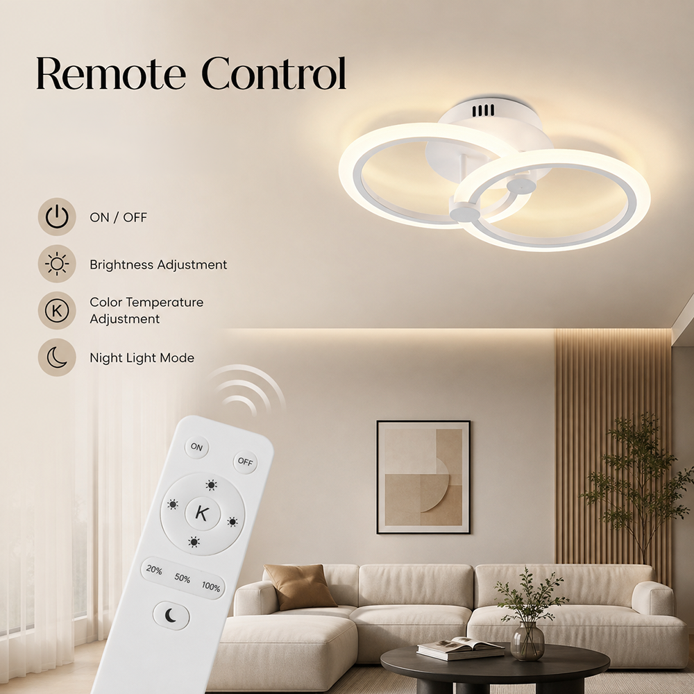 Plafonieră LED albă cu 2 inele, Wi-Fi, telecomandă și intensitate reglabilă