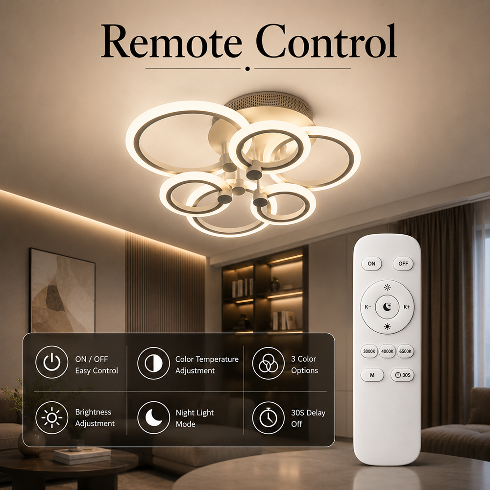 Plafonieră LED cu 6 inele, 160 W, 4000 lm, dimabilă, Wi-Fi și telecomandă