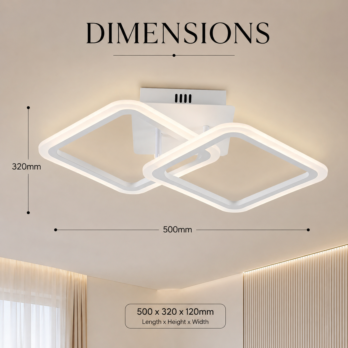 Plafonieră LED cu telecomandă, albă, metal și acril, 50 × 32 × 12 cm