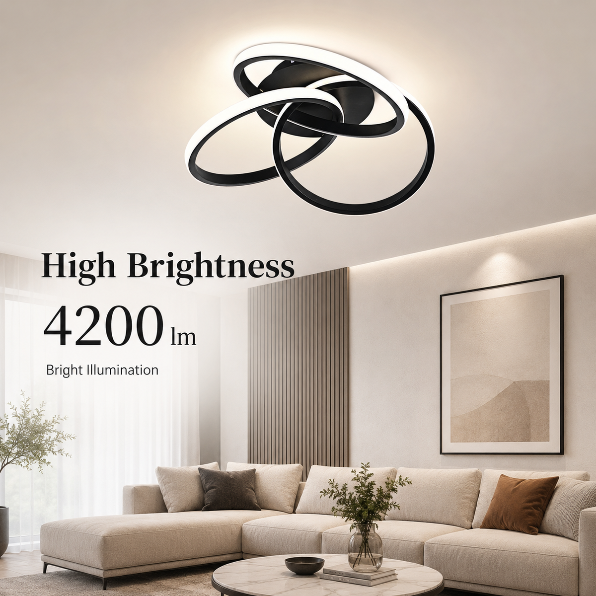 Plafonieră LED neagră, 84 W, 4200 lm, Wi-Fi, dimabilă, 48 cm