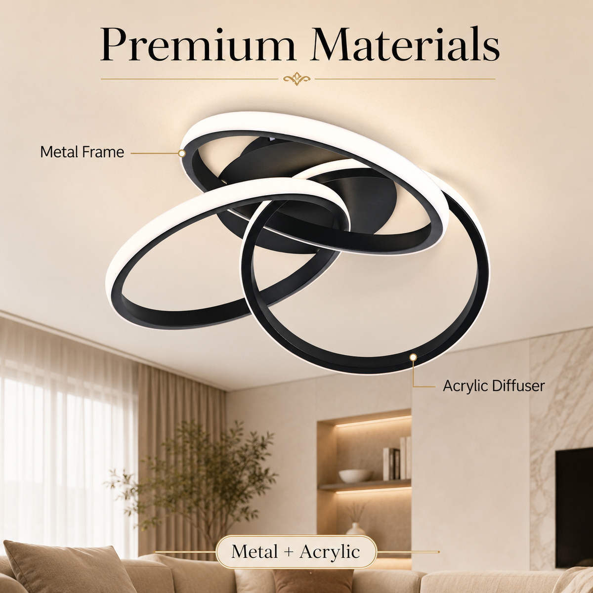 Plafonieră LED neagră, 84 W, 4200 lm, Wi-Fi, dimabilă, 48 cm