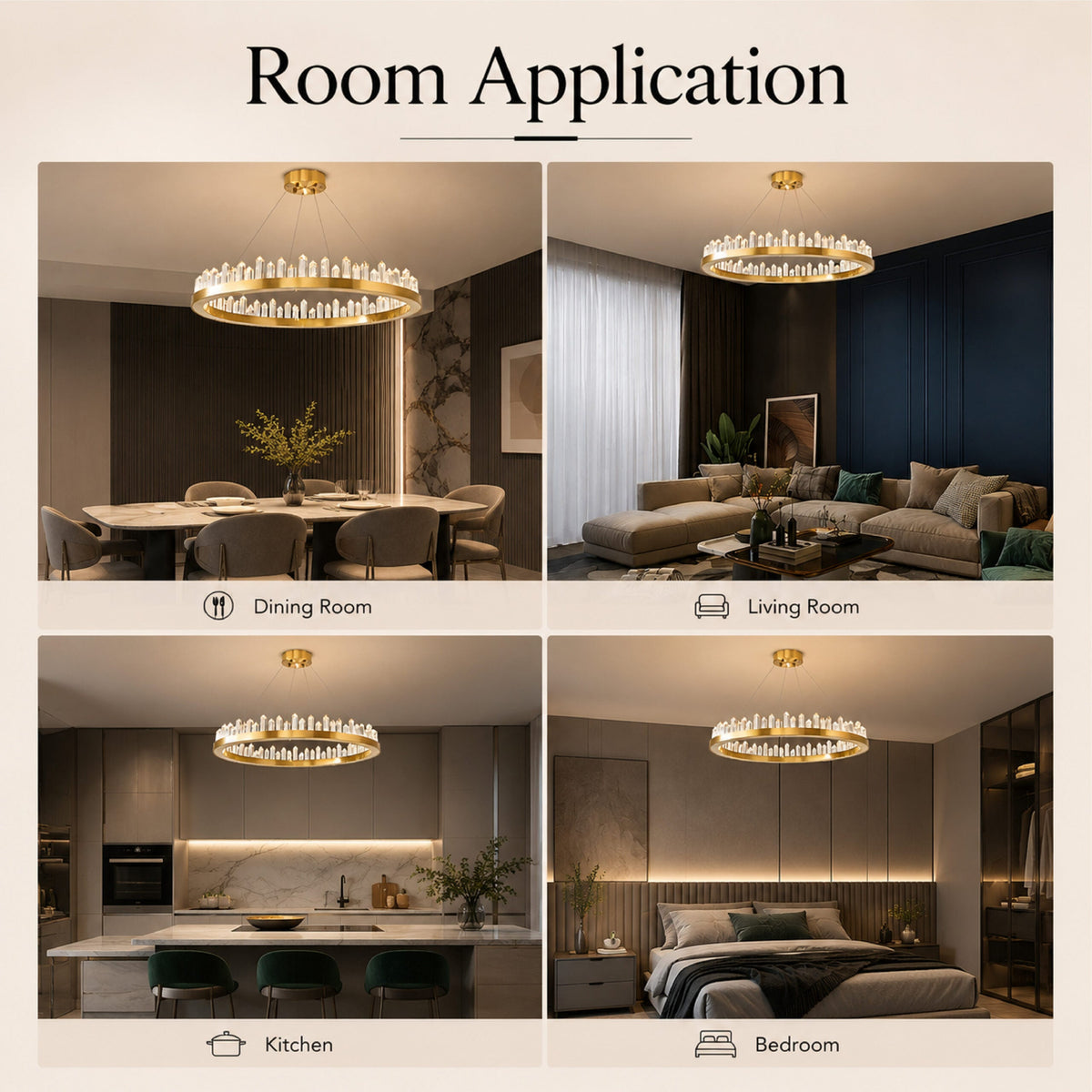 Candelabru LED auriu cu cristale Ø60 cm, Wi-Fi, dimabil, 3 culori