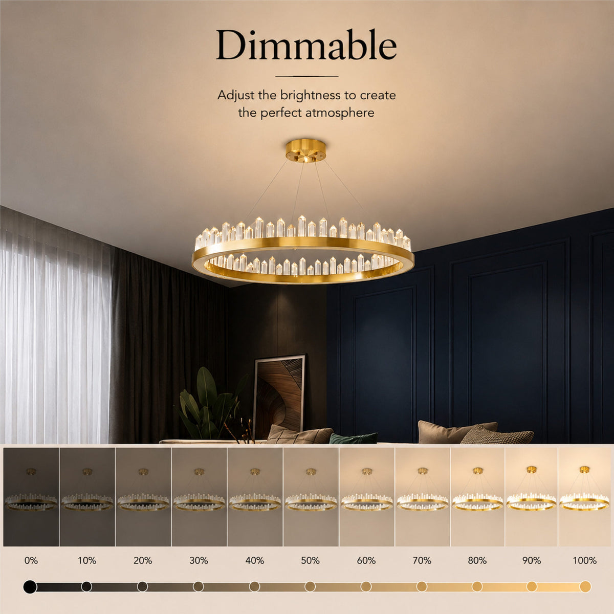 Candelabru LED auriu cu cristale Ø60 cm, Wi-Fi, dimabil, 3 culori