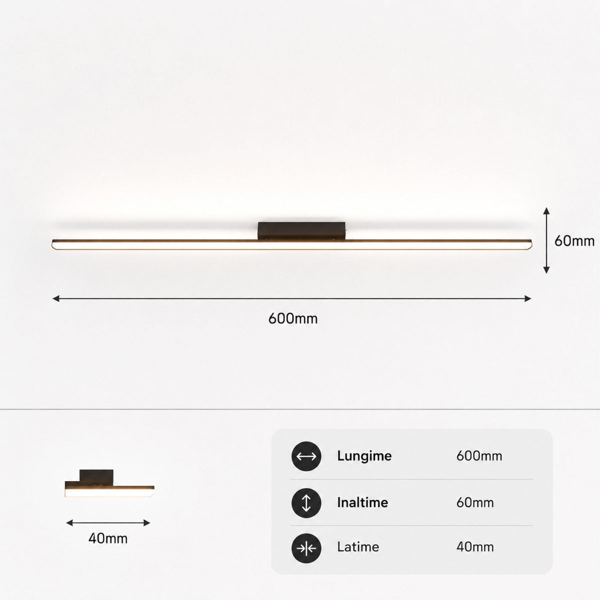 Plafonieră LED liniară neagră, 60 cm, 24 W, 3 culori de lumină