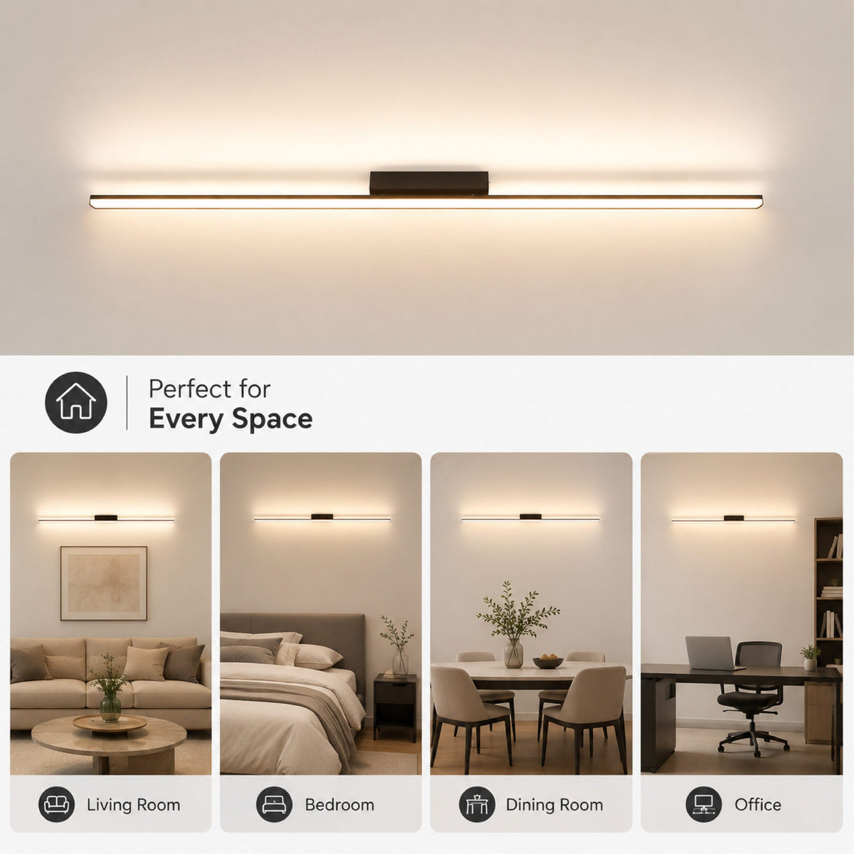 Plafonieră LED liniară neagră, 60 cm, 24 W, 3 culori de lumină