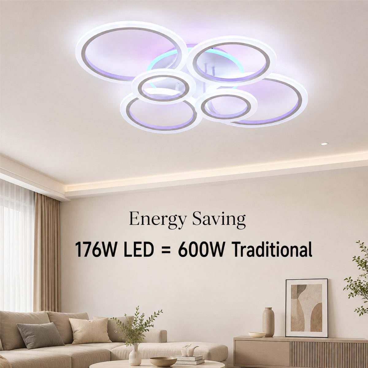 Plafonieră LED RGB cu 6 inele, dimabilă, cu telecomandă, 6500 lm, 80 × 60 cm