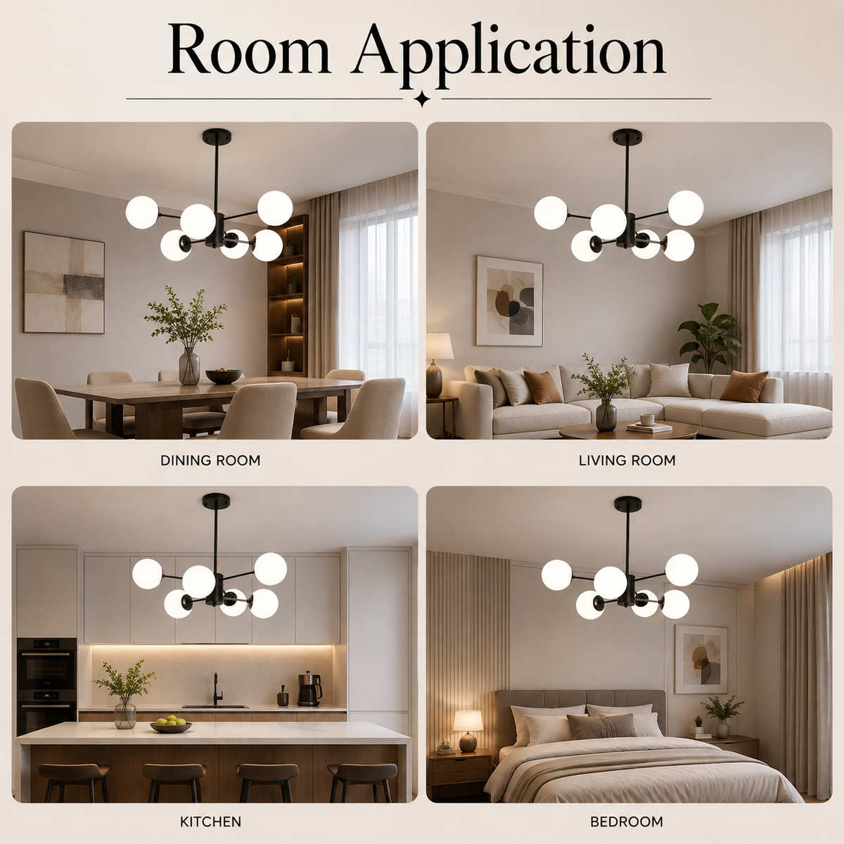 Plafonieră tip candelabru neagră, 6 socluri E27, design 3+3