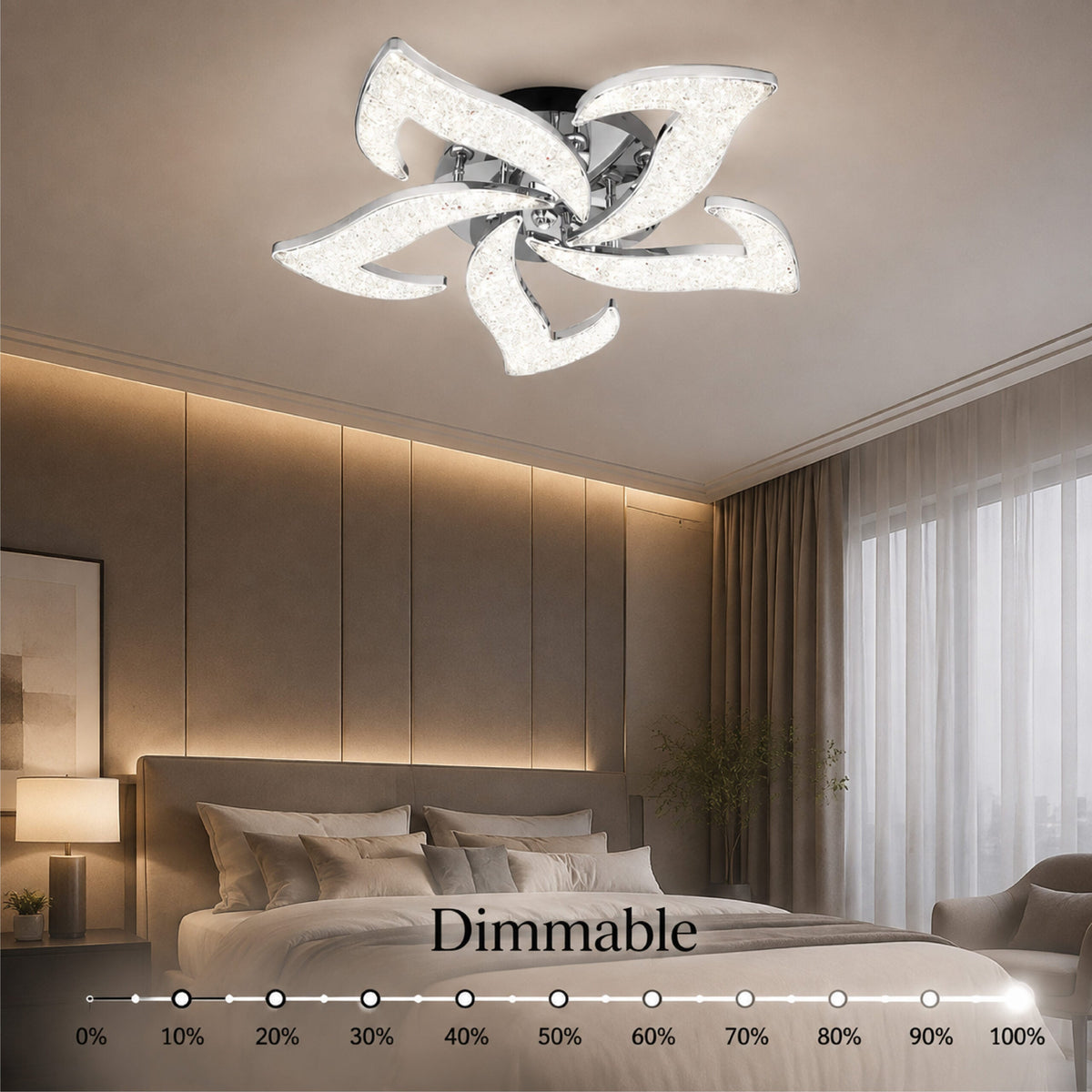 Candelabru LED de tavan cu cristale, crom, 5 lumini, RGB și telecomandă