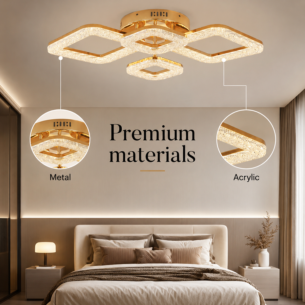 Plafonieră LED aurie, 96 W, dimabilă cu telecomandă, 67 × 47 cm