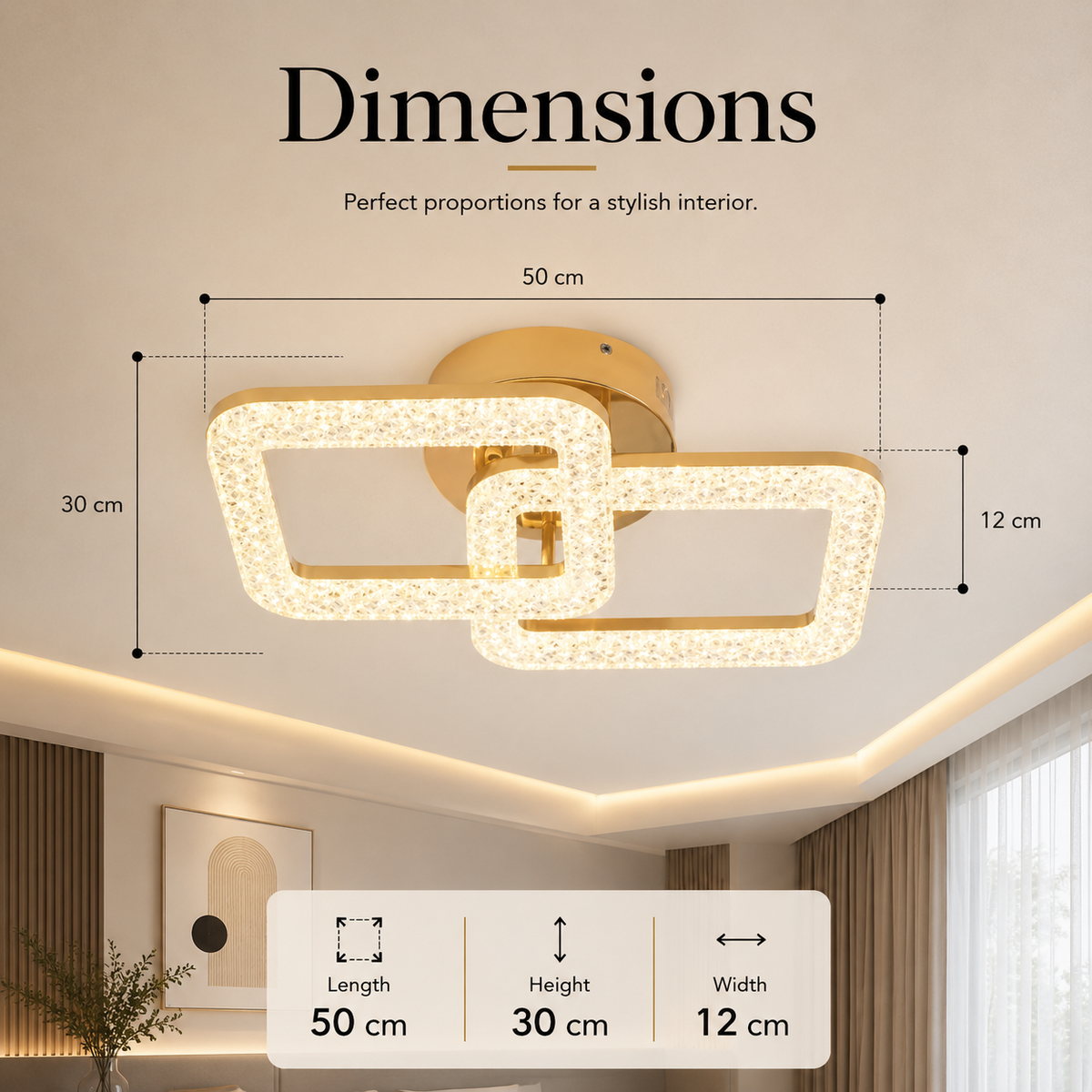 Plafonieră LED aurie 64 W, dimabilă, cu telecomandă, 50 × 30 cm