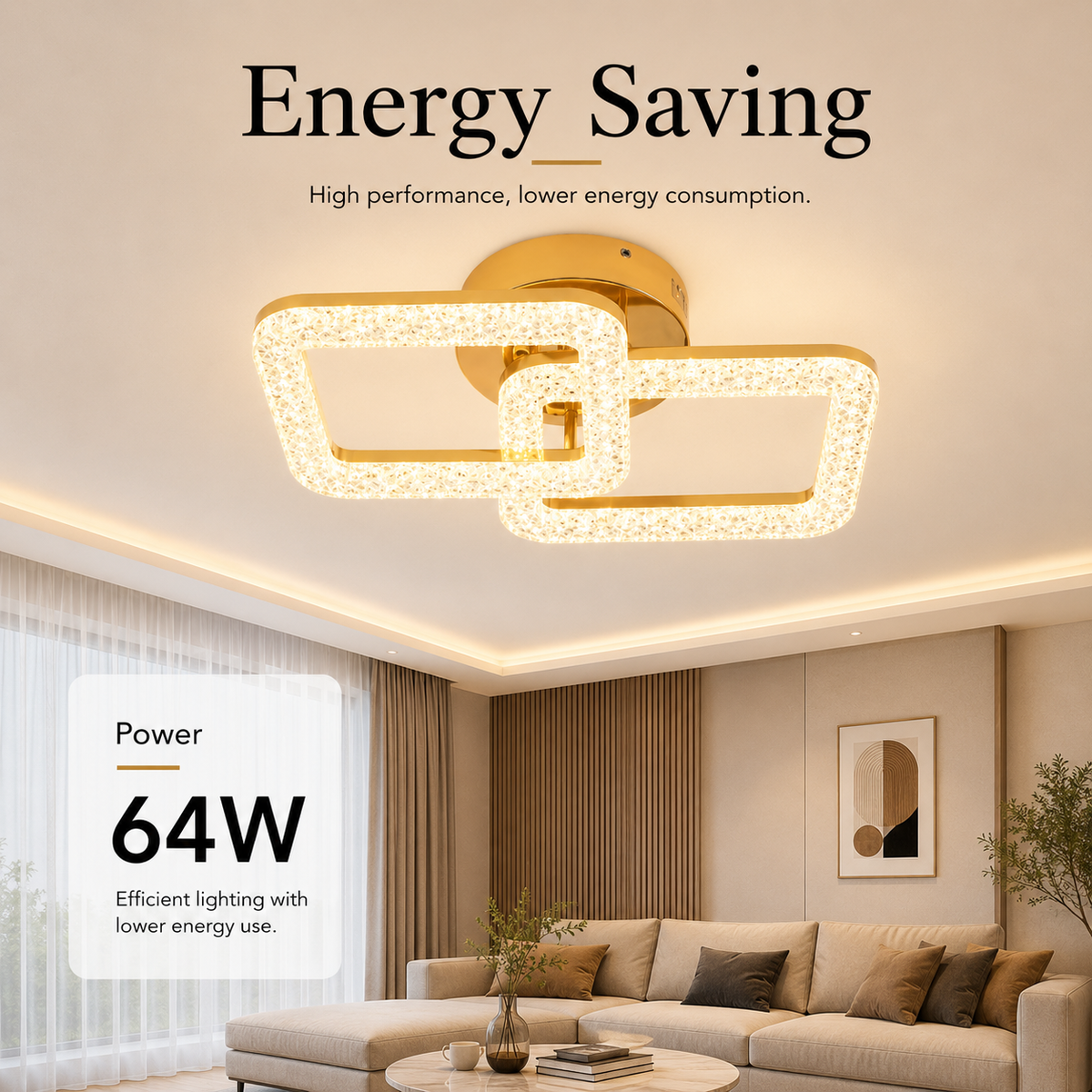 Plafonieră LED aurie 64 W, dimabilă, cu telecomandă, 50 × 30 cm