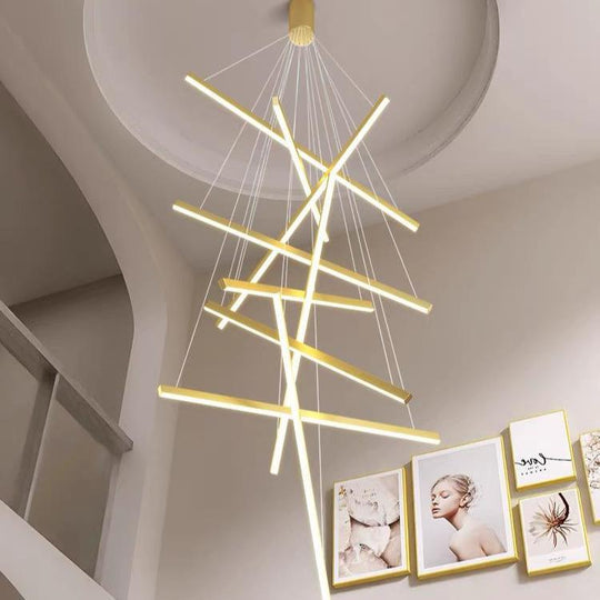 Lustră suspendată LED geometrică, aurie, 9 surse, telecomandă, 300 cm