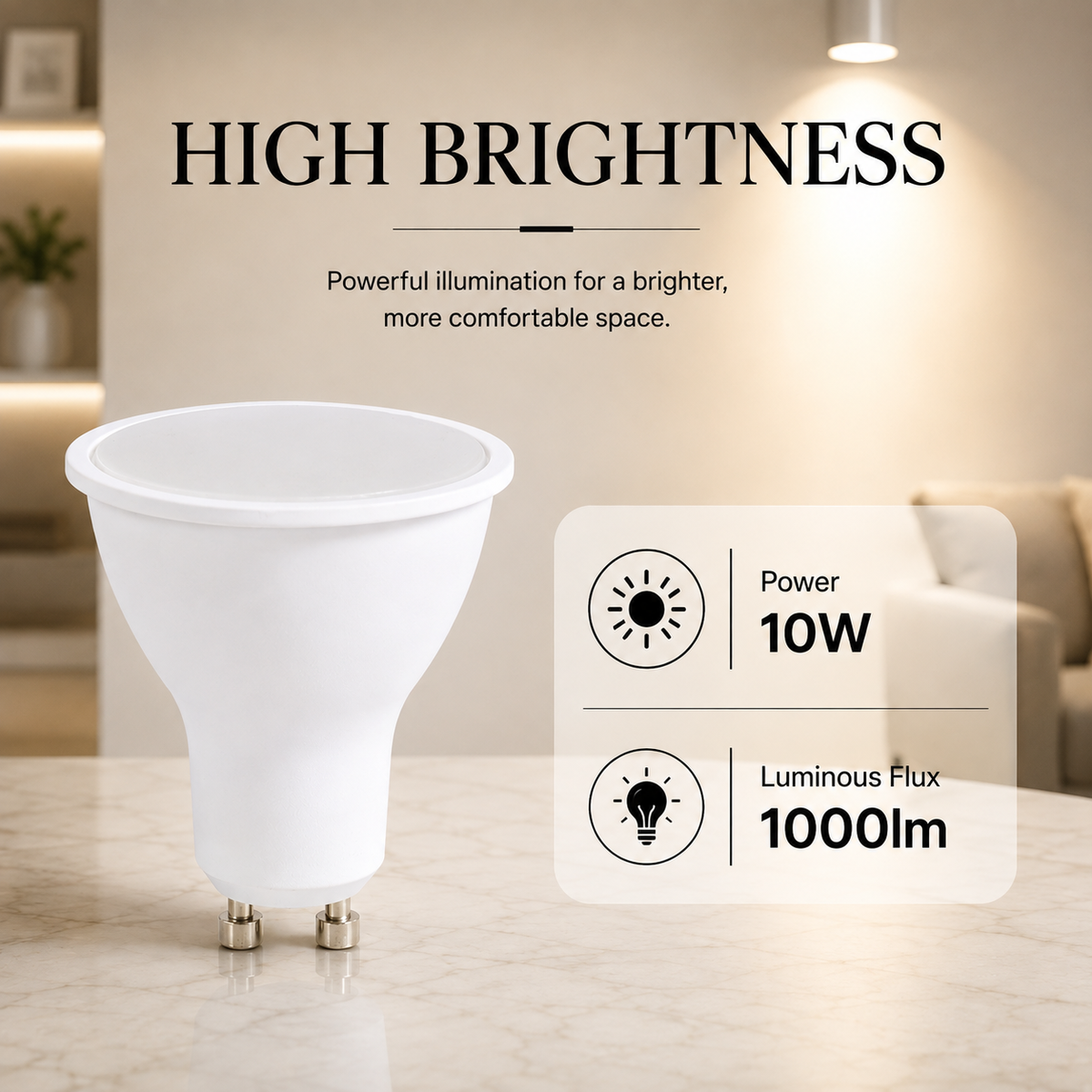 Bec LED GU10, 10 W, 1000 lm, 3000 K, echivalent 100 W