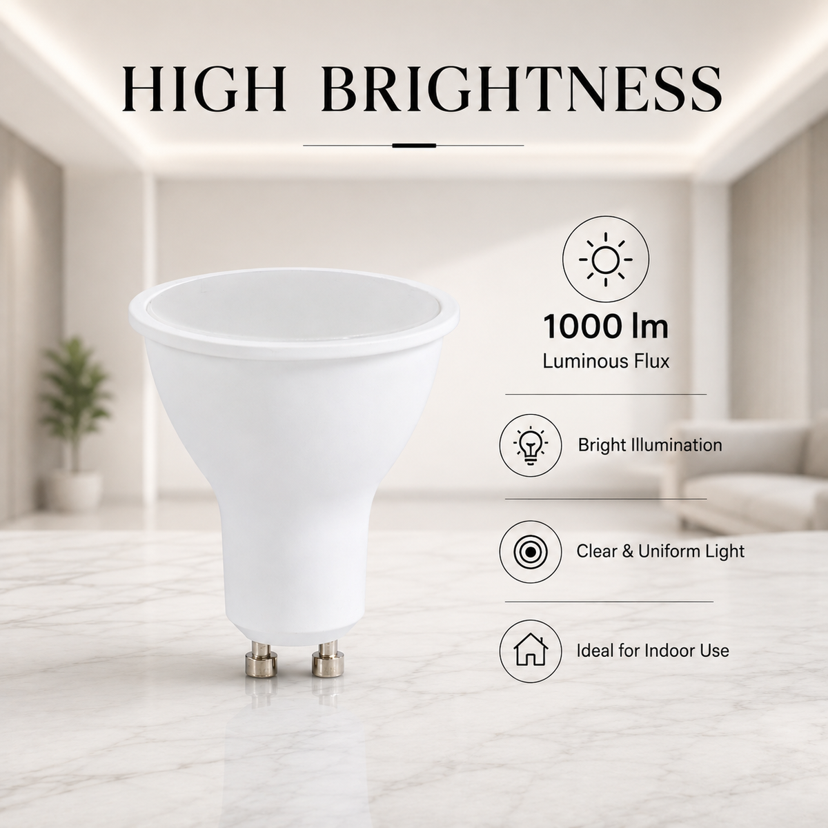 Bec LED GU10, 10 W, 1000 lm, 6500 K, lumină rece, echivalent 100 W