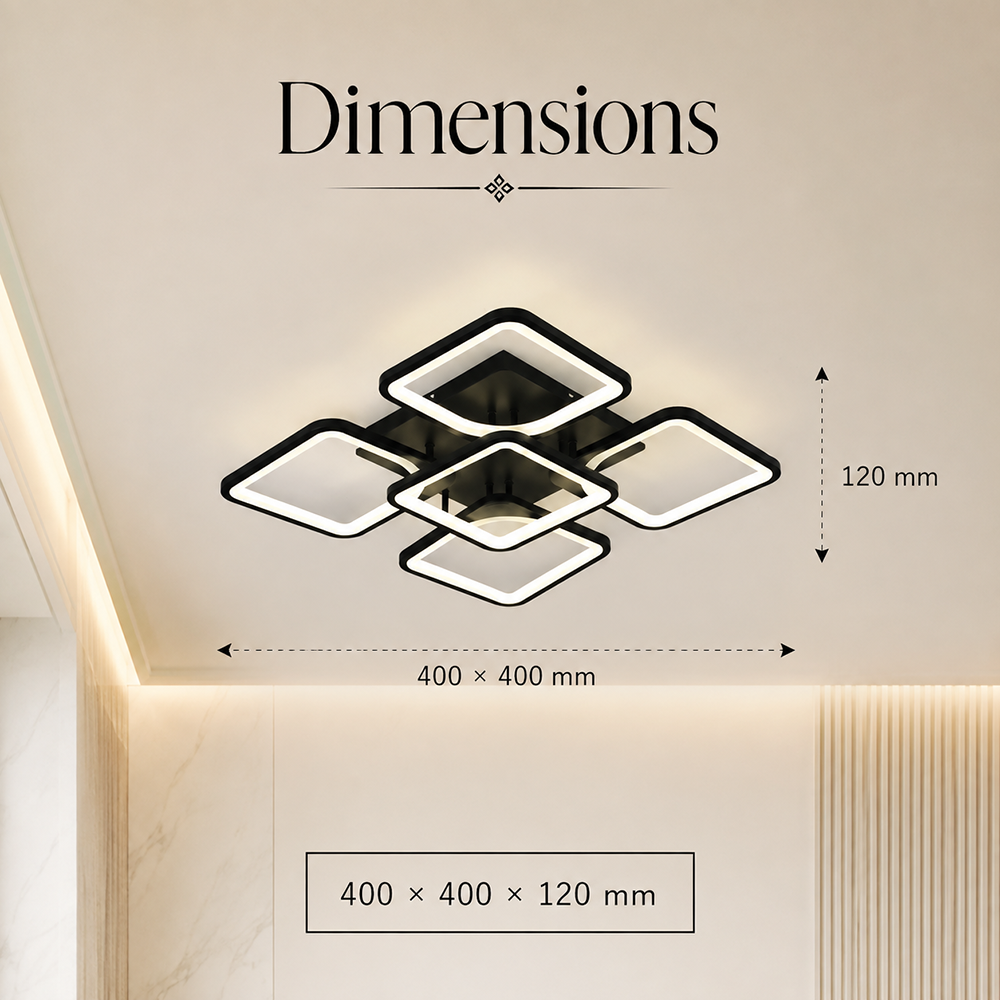 Plafonieră LED neagră, 5 surse, Wi-Fi, telecomandă, dimabilă, 3 culori, 40 cm