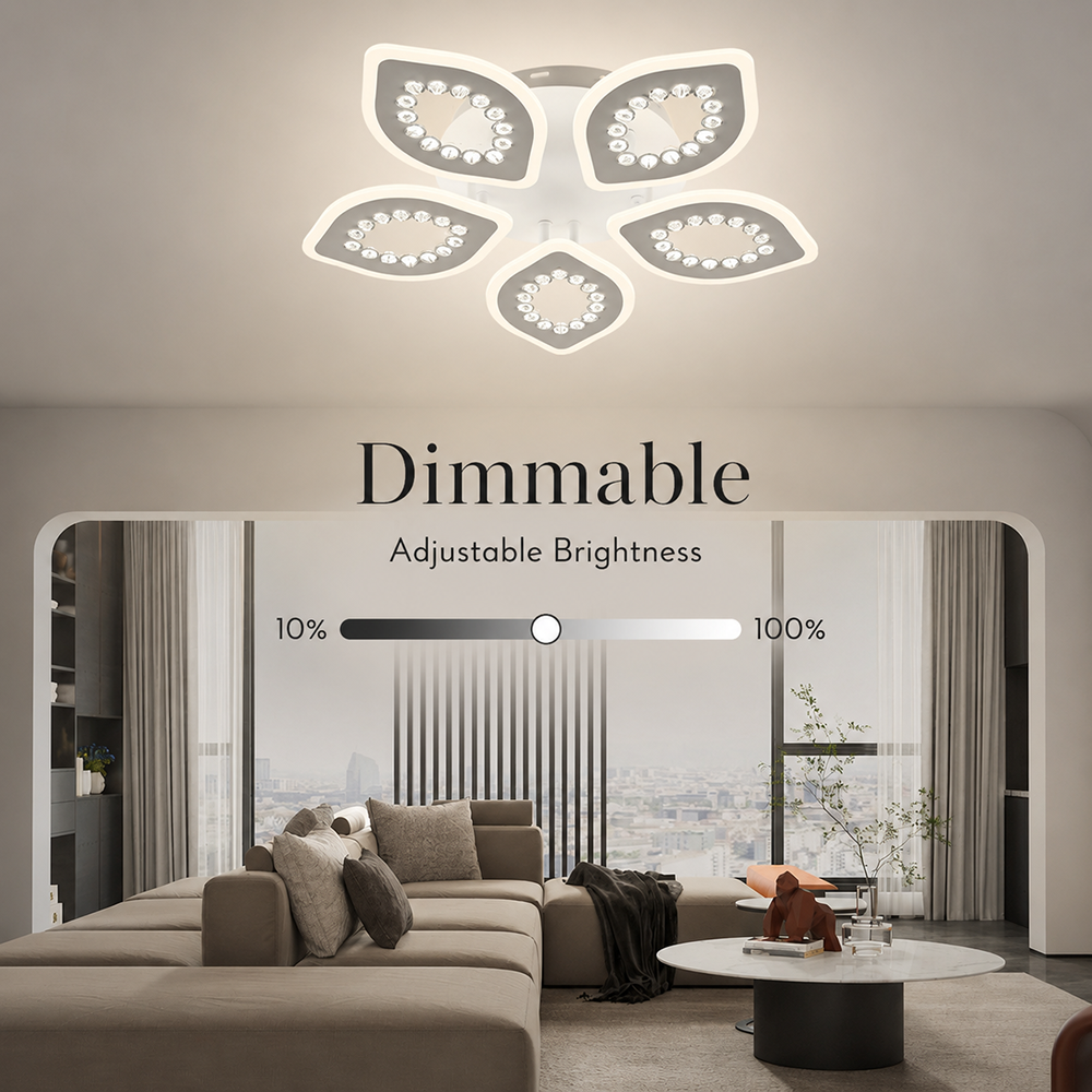 Plafonieră LED cu 5 brațe, dimabilă, Wi-Fi, telecomandă, 48 cm, albă
