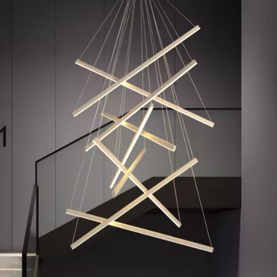 Lustră suspendată LED geometrică, aurie, 9 surse, telecomandă, 300 cm