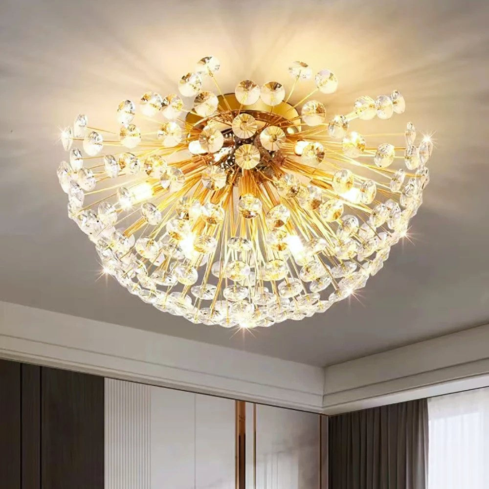 Candelabru de plafon auriu cu cristale, design păpădie