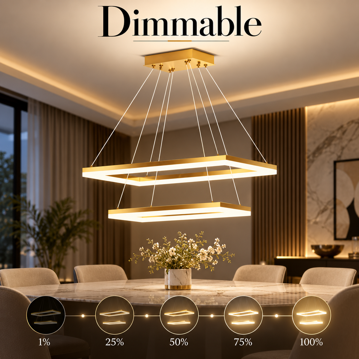 Plafonieră LED pătrată aurie 50+30 cm, Wi-Fi, telecomandă, 3 culori