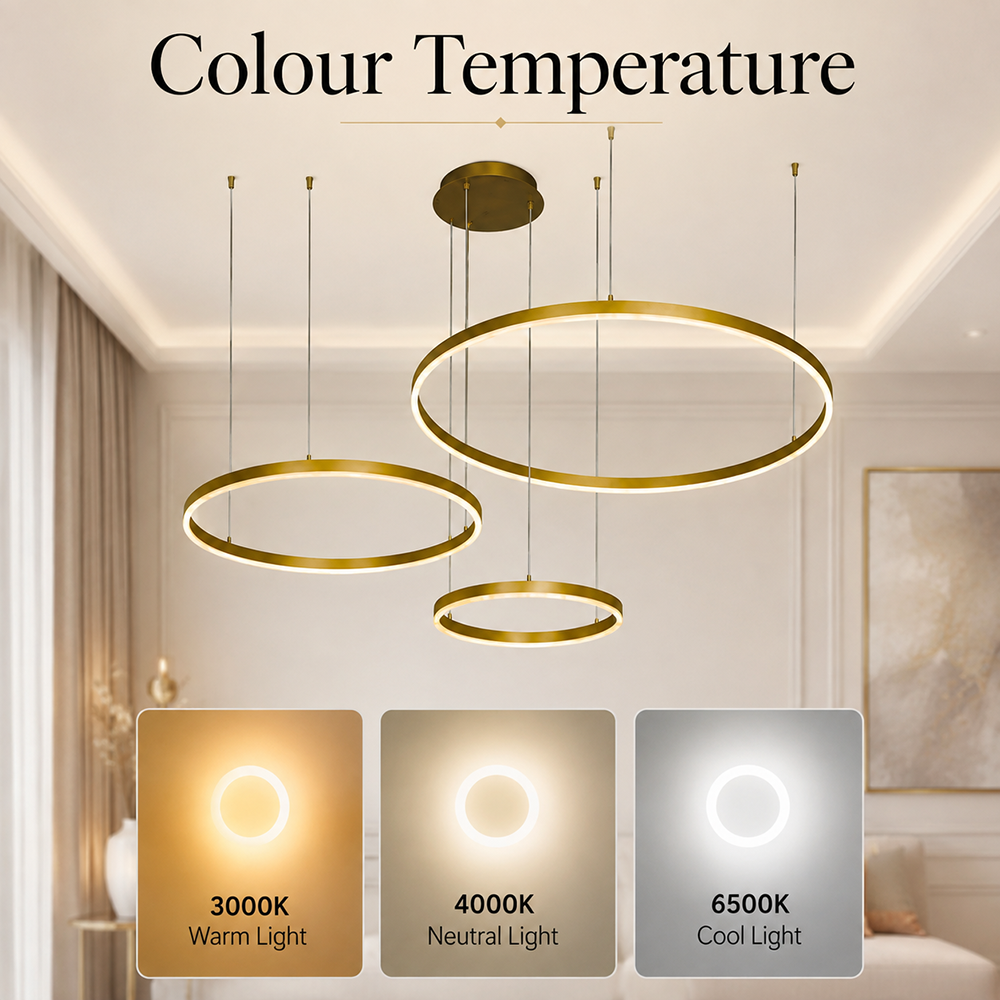 Plafonieră LED aurie cu 3 inele, 40/60/80 cm, dimabilă, Wi-Fi, cu telecomandă