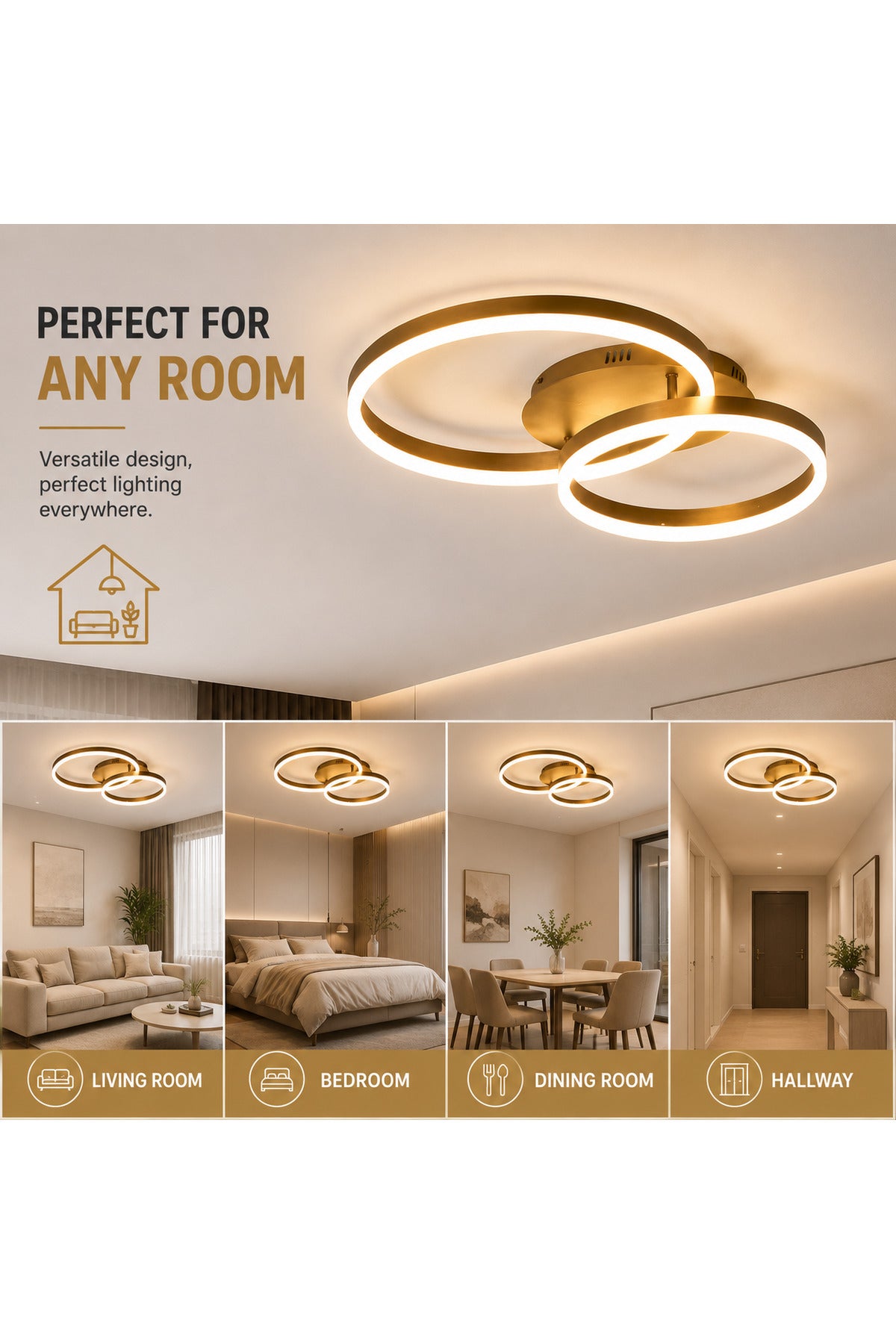 Plafonieră LED 120W, 2 inele, dimabilă WiFi, telecomandă, maro cafea