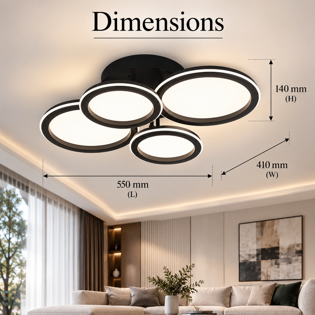 Plafonieră LED neagră 55 cm, 120 W, dimabilă, WiFi și telecomandă