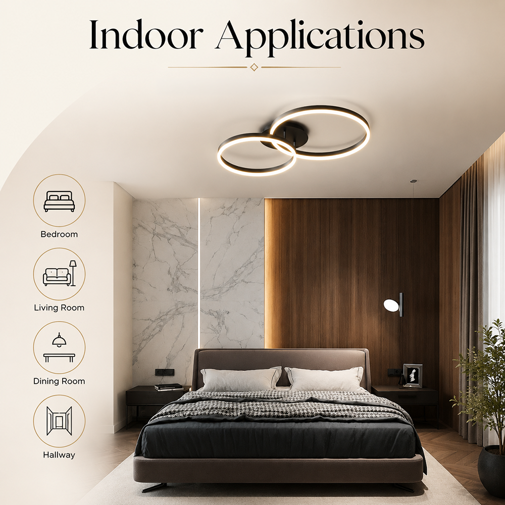 Plafonieră LED neagră, 2 inele, Wi-Fi, telecomandă, dimabilă, 120 W