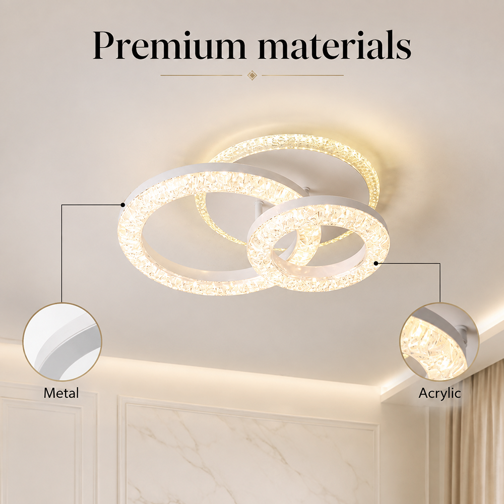 Plafonieră LED 80 W, 2 inele din cristal, dimabilă, Wi-Fi, telecomandă