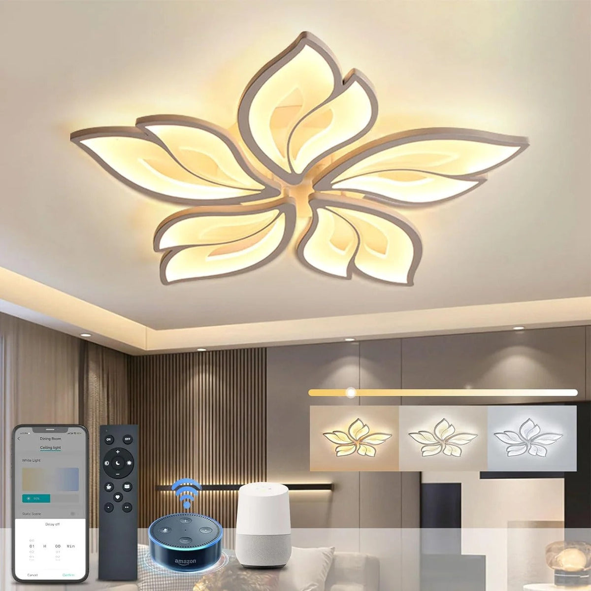 Lustră LED cromată 90 W, 4500 lm, dimabilă, 3 temperaturi, telecomandă