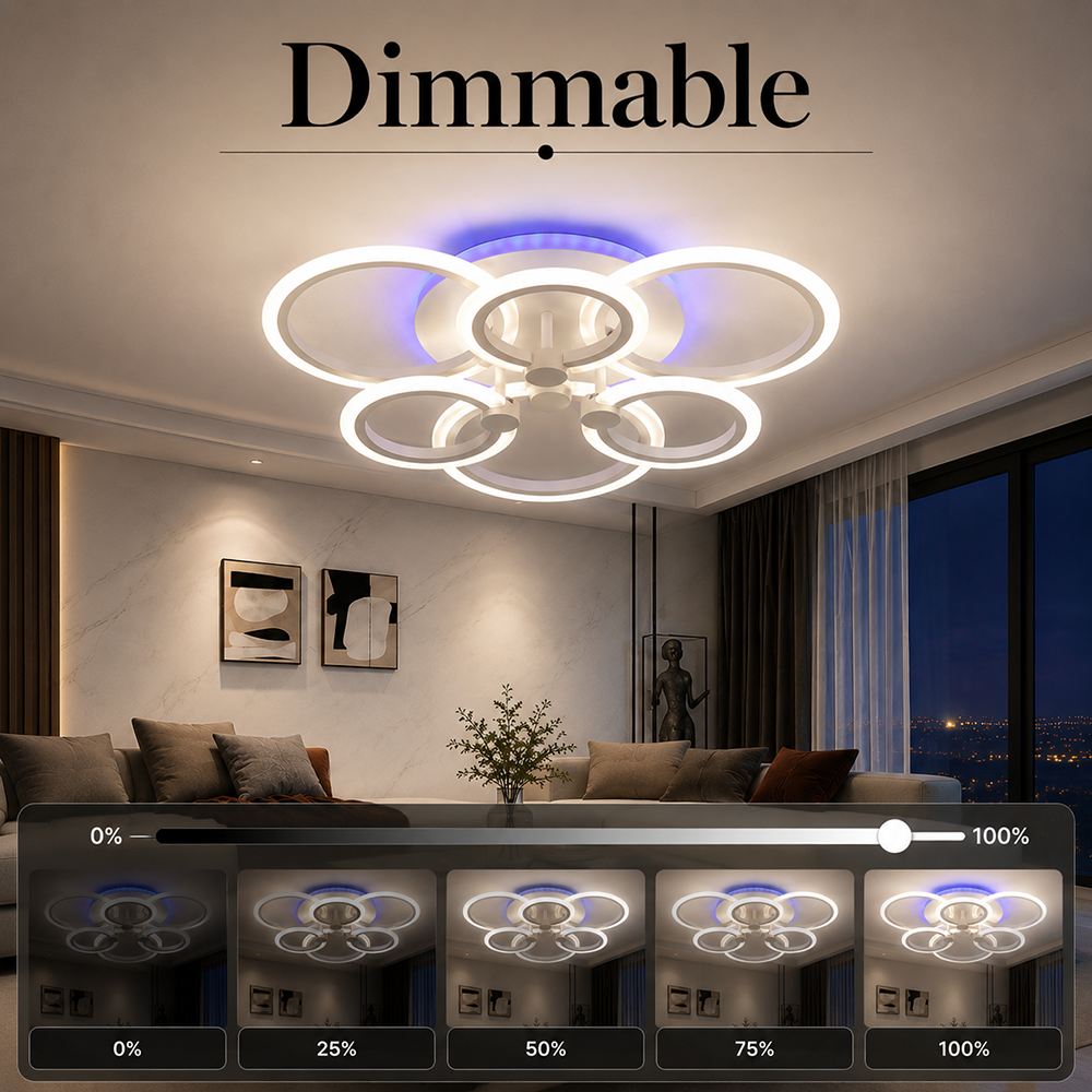 Plafonieră LED RGB cu 6 inele, dimabilă, Wi-Fi și telecomandă