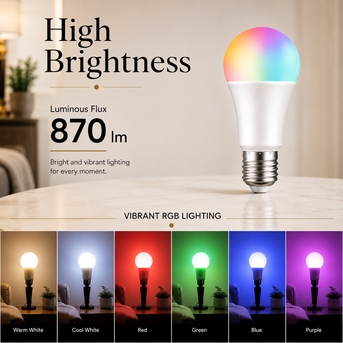 Bec LED inteligent Tuya E27 A60, 9W RGB+CCT, 2700–6500K, control ritmic