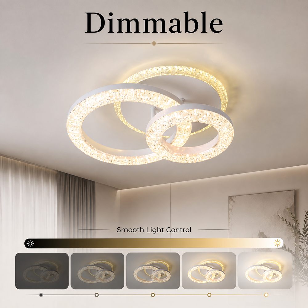 Plafonieră LED 80 W, 2 inele din cristal, dimabilă, Wi-Fi, telecomandă