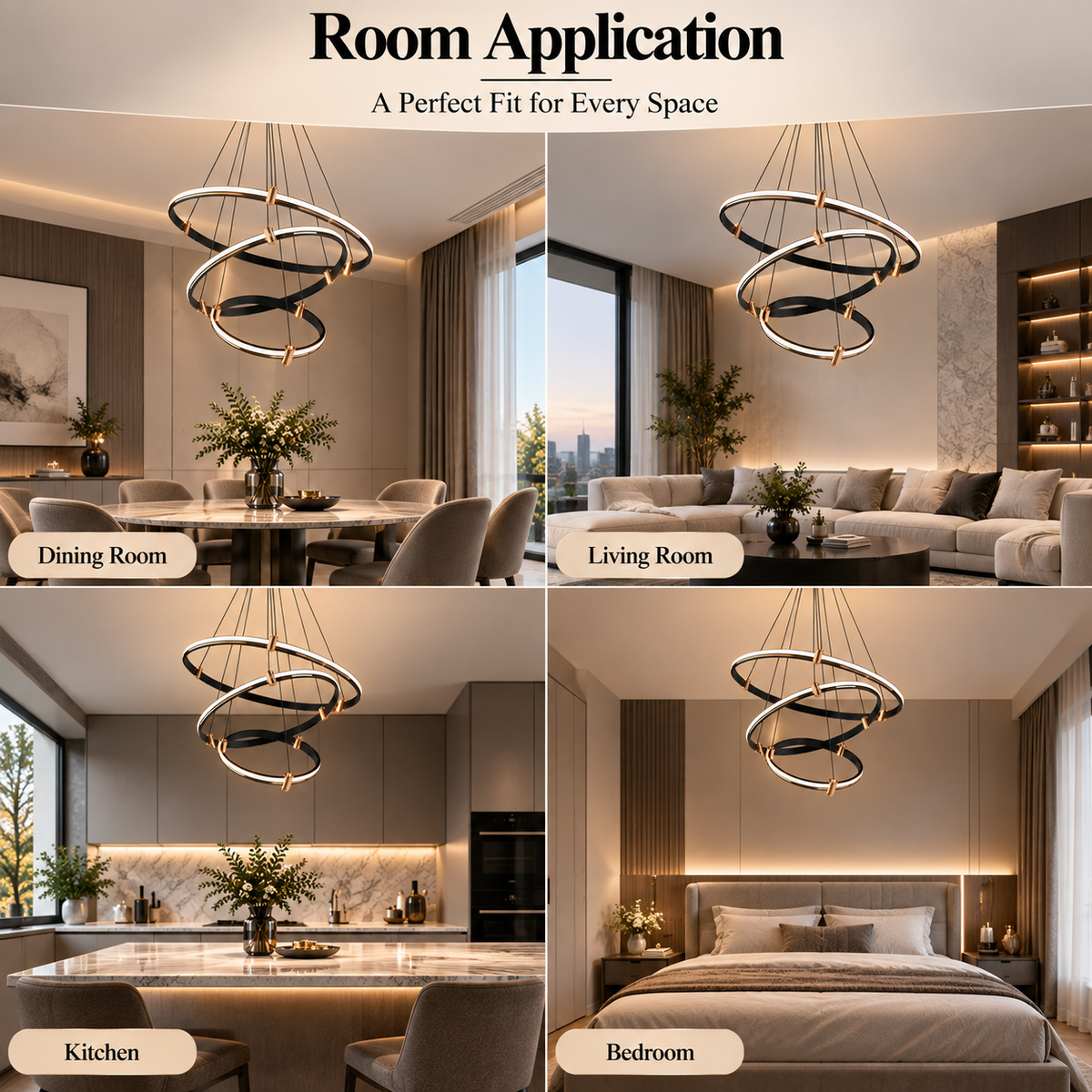 Candelabru LED negru cu 3 inele Ø40/60/80 cm, WiFi, telecomandă, reglabil
