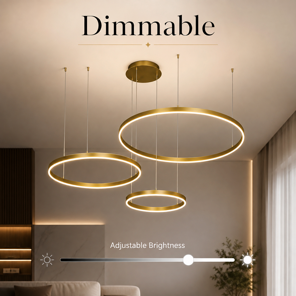 Plafonieră LED aurie cu 3 inele, 40/60/80 cm, dimabilă, Wi-Fi, cu telecomandă