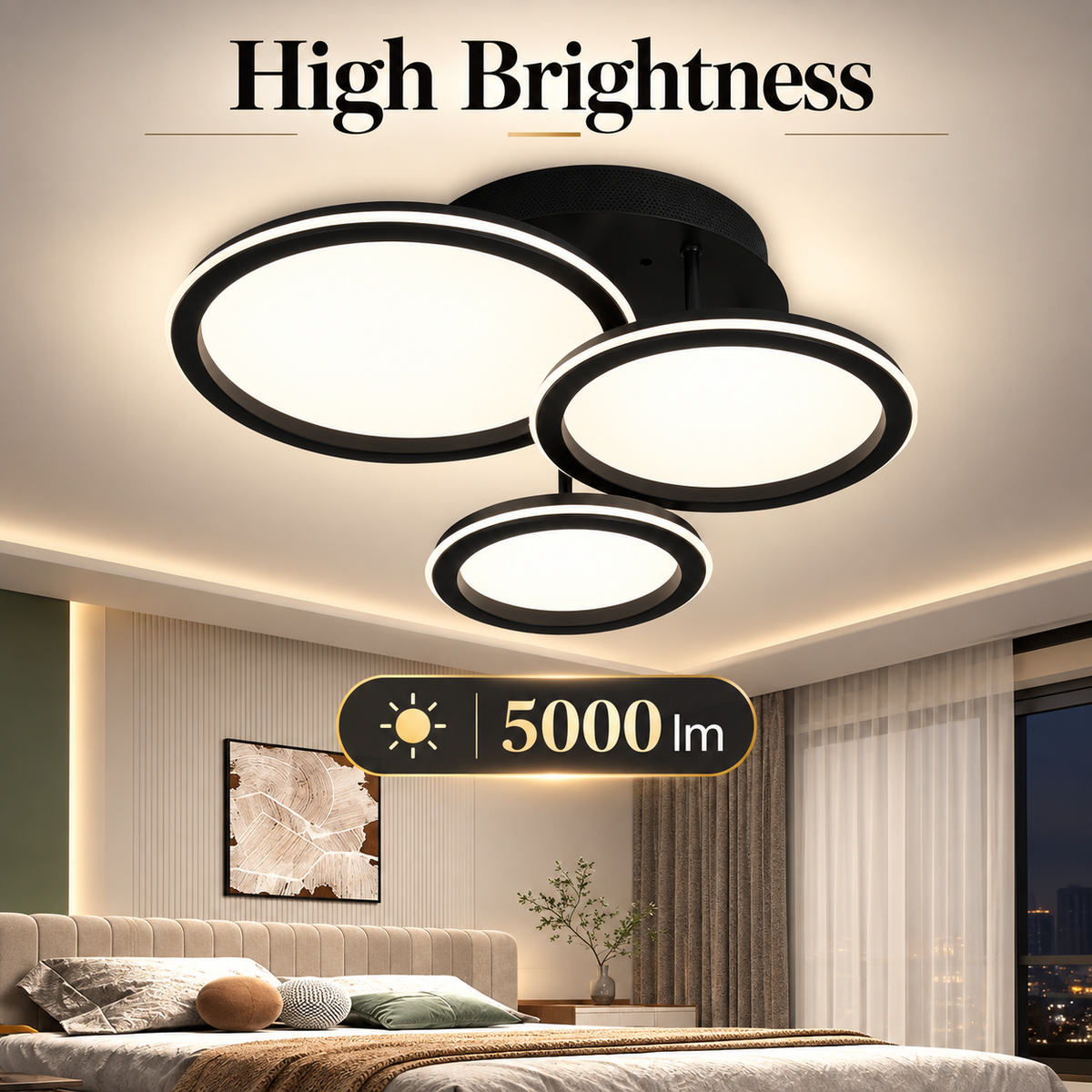 Plafonieră LED neagră dimabilă cu Wi-Fi și telecomandă, 5000 lm, 46×38 cm