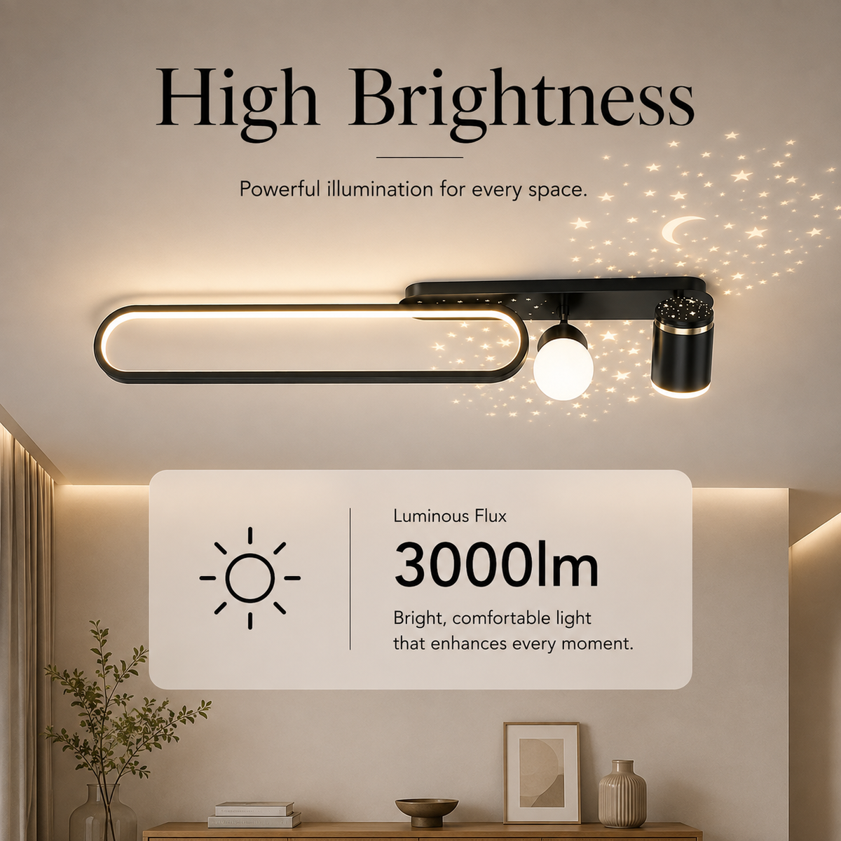 Plafonieră LED neagră, 80 cm, 58 W, 3000 lm