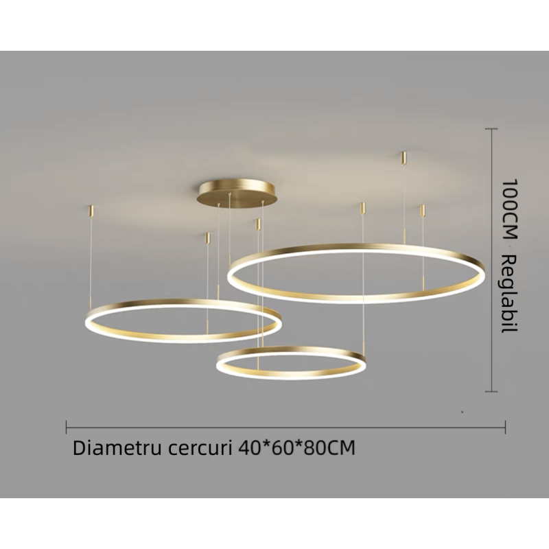 Plafonieră LED aurie cu 3 inele, 40/60/80 cm, dimabilă, Wi-Fi, cu telecomandă