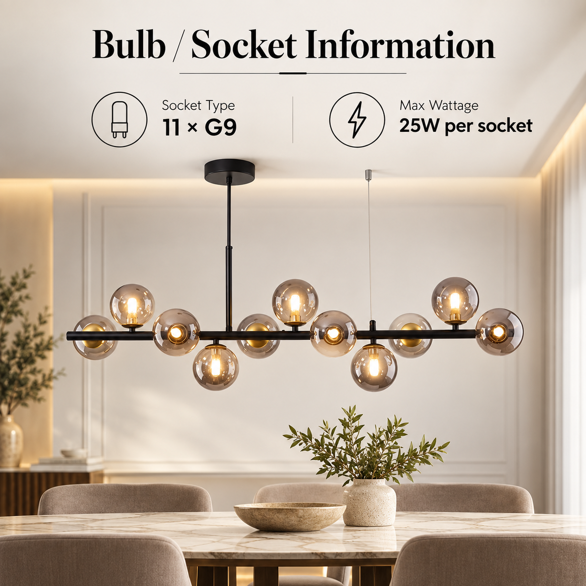 Plafonieră modernă 11×G9, metal și acril, gri fumuriu, 30×80×110 cm