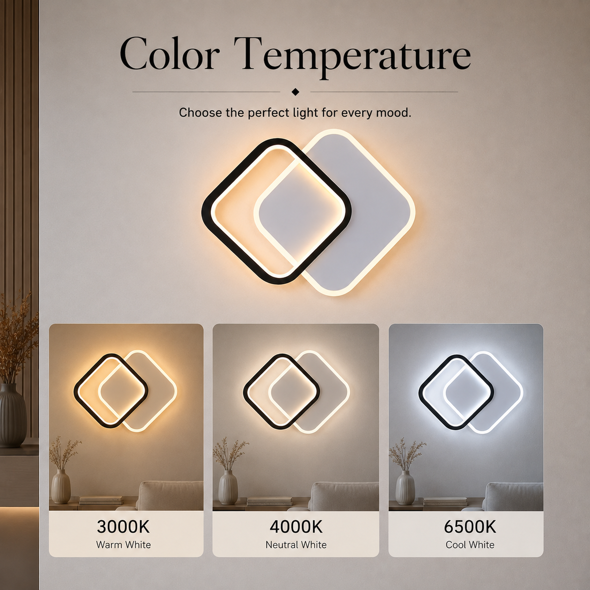 Aplică LED de perete neagră, 12 W, 600 lm, 3 culori, 24 cm