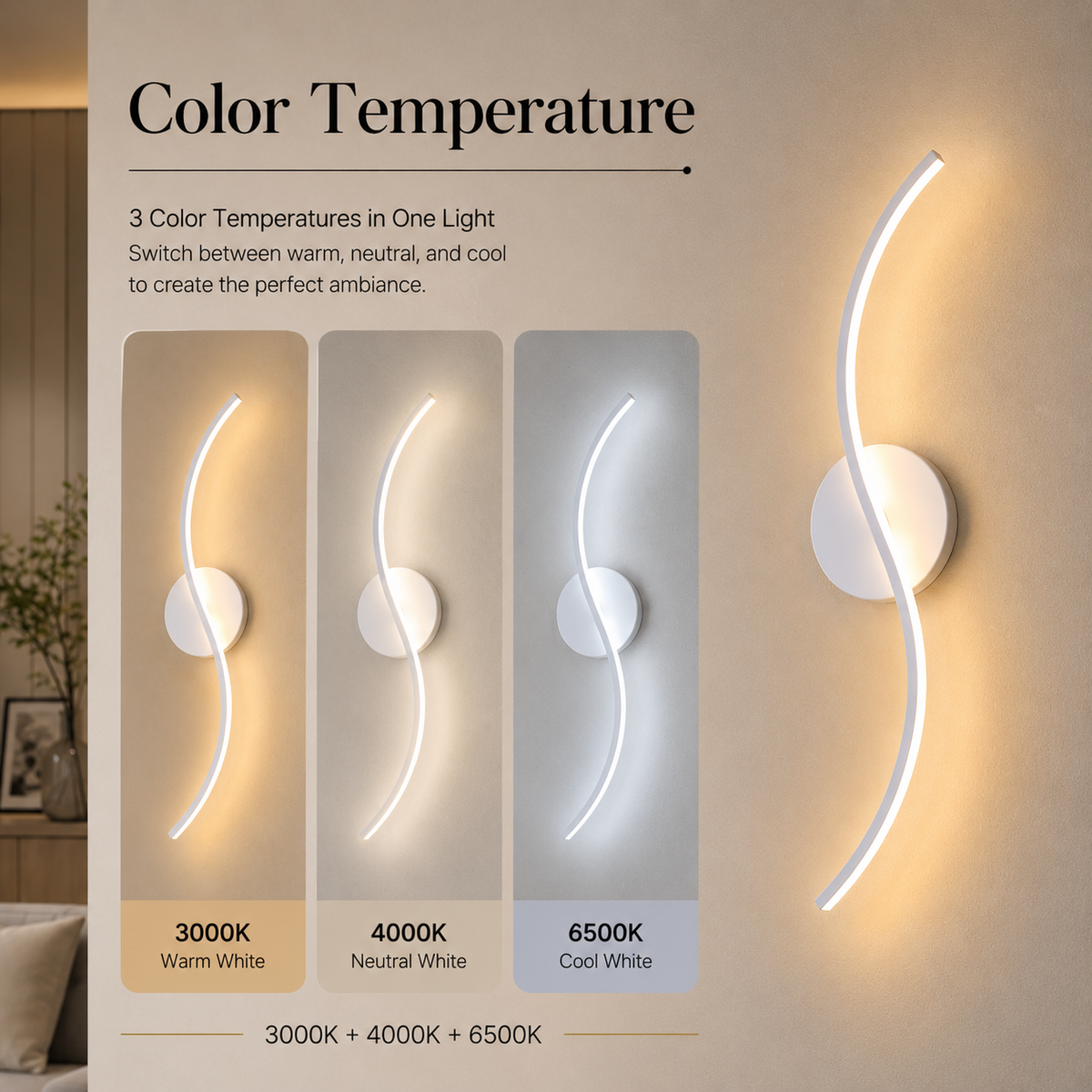 Aplică LED albă, 51 cm, 3 culori de lumină, metal și acril