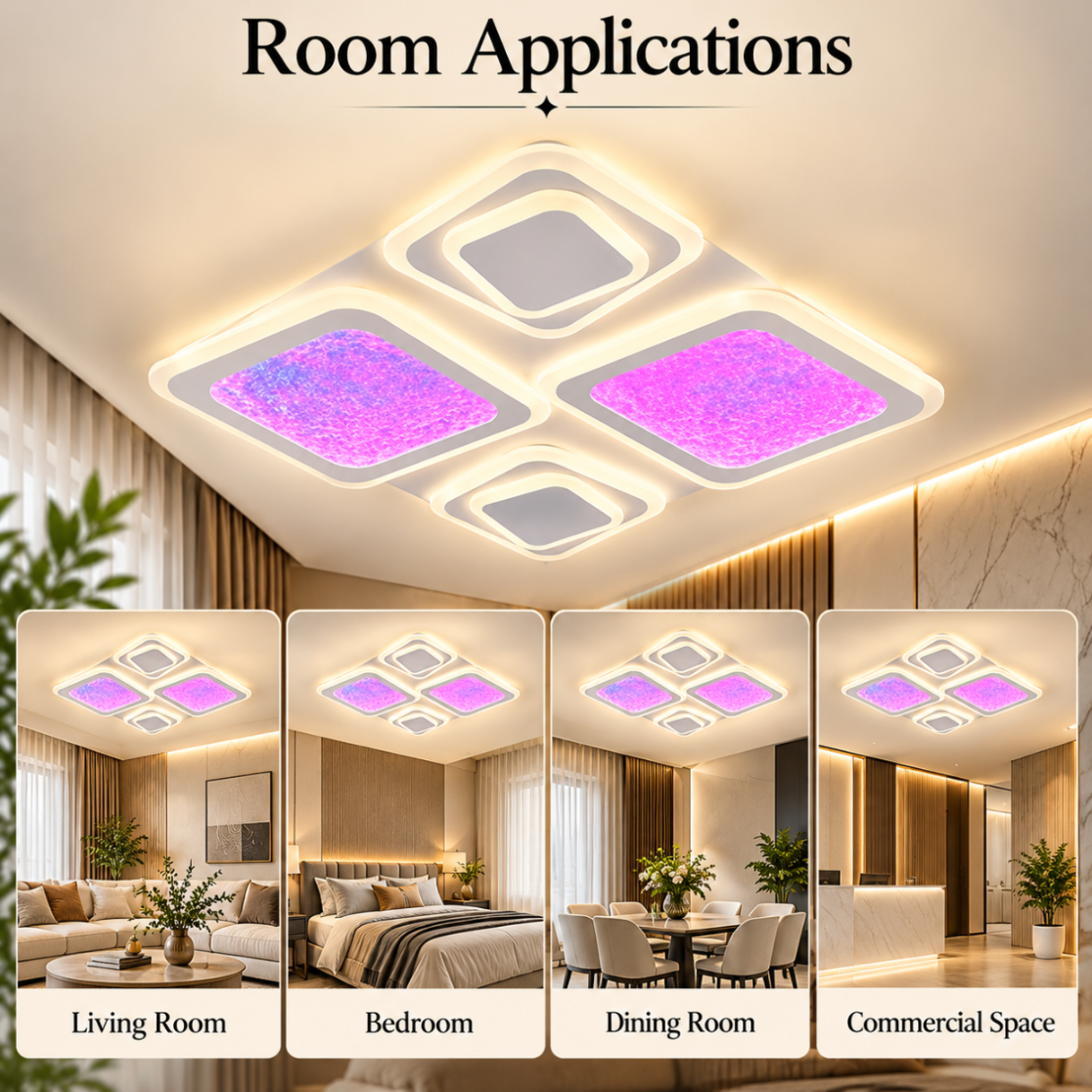 Plafonieră LED RGB SIERA, design cu 4 pătrate, cu telecomandă