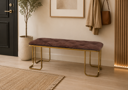Bancă SF170014 din Catifea Maro cu Picioare Metal Auriu, Model Dreptunghiular - 100 cm / 117 cm