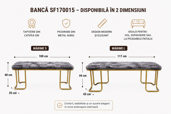 Bancă SF170015 Catifea Gri cu Picioare Metal Auriu, Design Capitonat, 100 cm / 117 cm