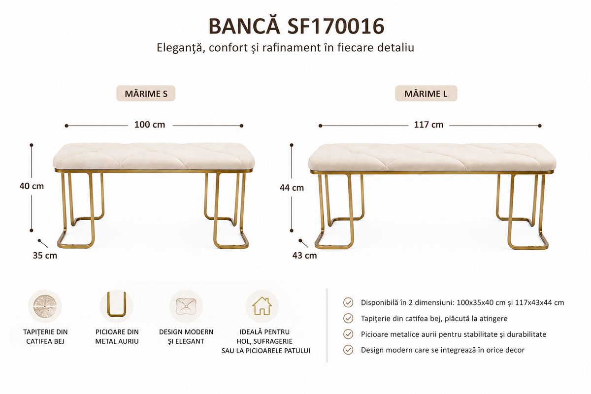 Bancă SF170016 din Catifea Bej cu Picioare Metal Auriu, Model Dreptunghiular – 100 cm / 117 cm