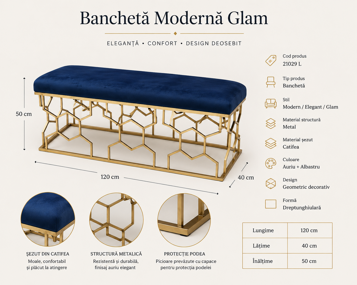Banchetă 21029 L Catifea Albastră și Metal Auriu, Design Geometric Modern, 120 cm