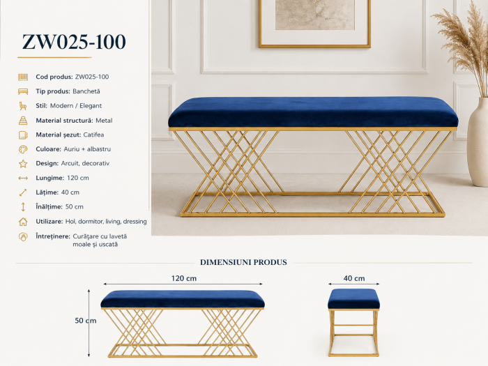 Banchetă ZW025-100 Catifea Albastră și Metal Auriu, Design Geometric Tip X, 120 cm