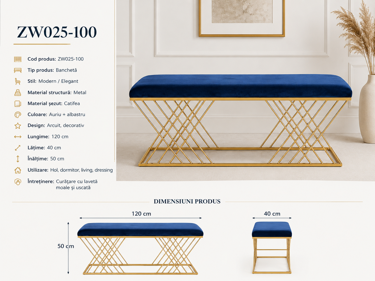 Banchetă ZW025-100 Catifea Albastră și Metal Auriu, Design Geometric Tip X, 120 cm