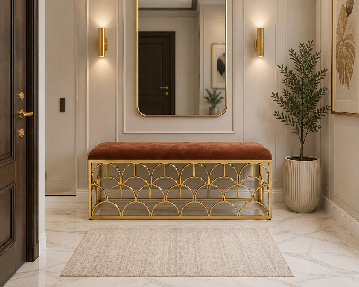 Banchetă ZW025-100 Catifea Maro și Metal Auriu cu Design Arcuit Elegant 120 cm