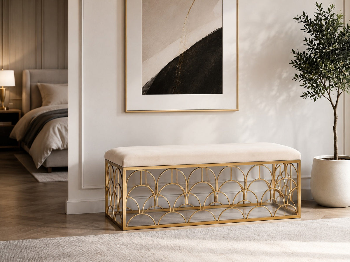 Banchetă ZW025-100 metal auriu și catifea bej, design arcuit modern, 120 cm